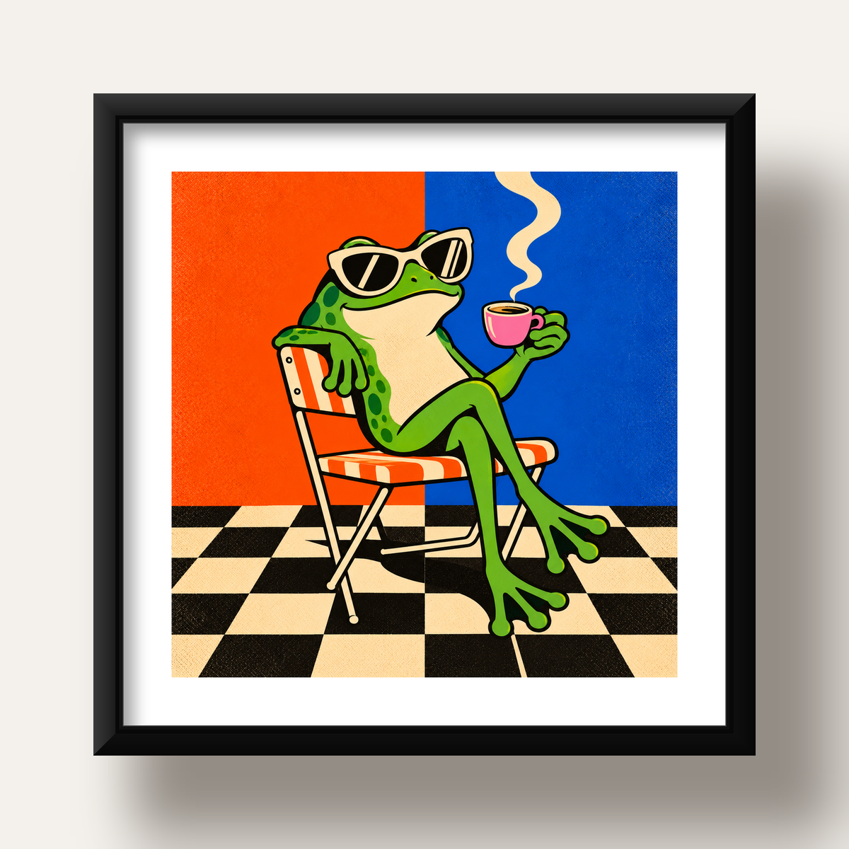 Kahve İçen Kurbağa Poster – Pop-Art Retro Stil Sanat Baskısı — siyah derin çerçeveli paspartulu