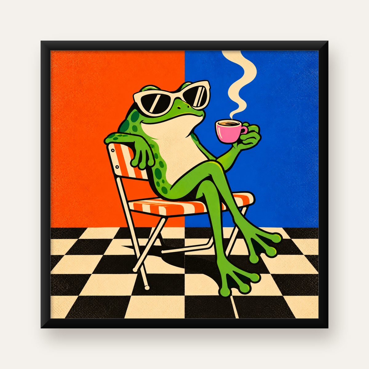 Kahve İçen Kurbağa Poster – Pop-Art Retro Stil Sanat Baskısı — Kare baskı, düz siyah çerçeveli duvar posteri