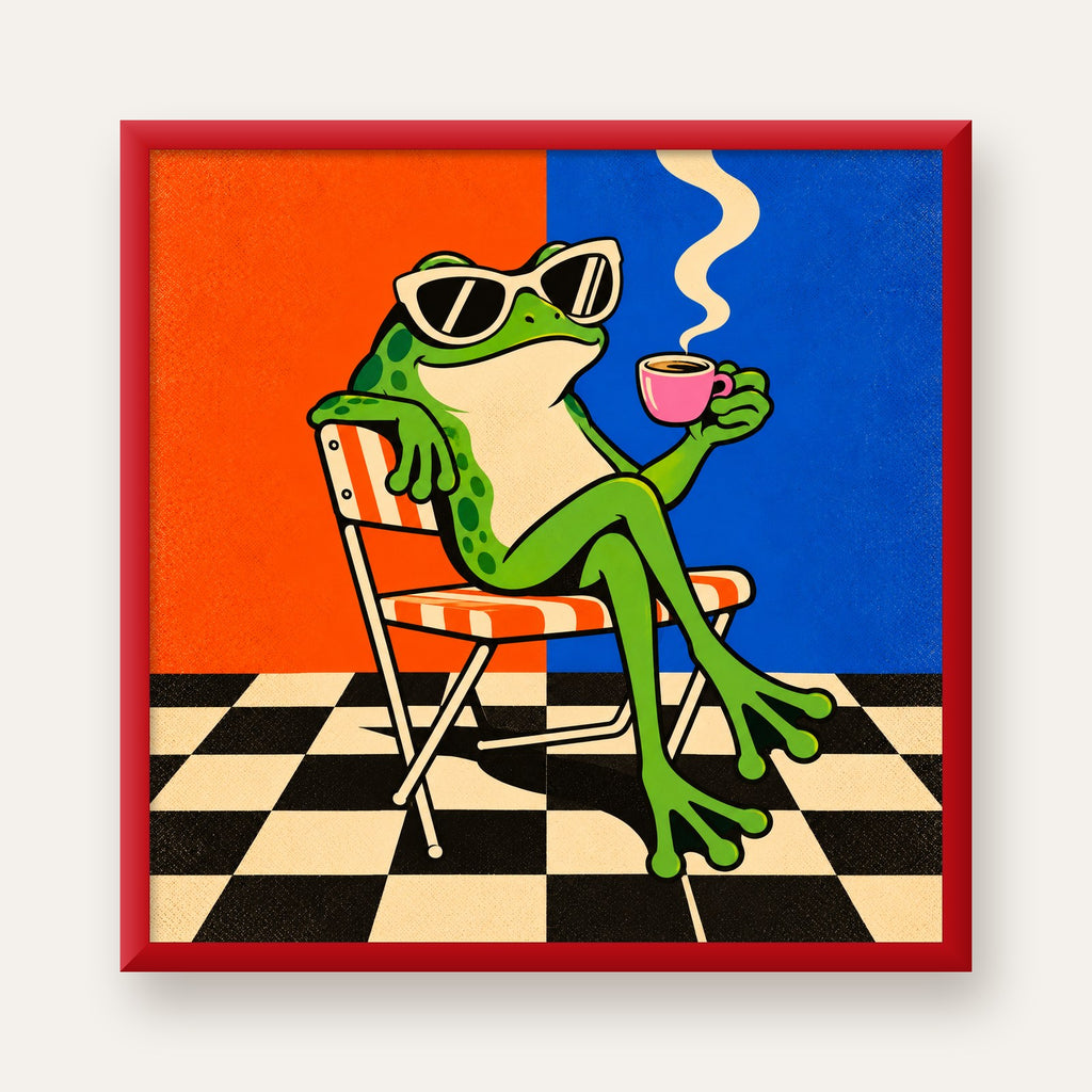 Kahve İçen Kurbağa Poster – Pop-Art Retro Stil Sanat Baskısı — kırmızı çerçeveli