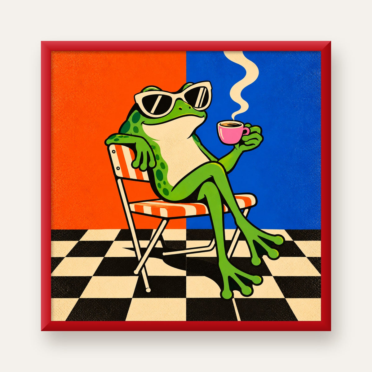 Kahve İçen Kurbağa Poster – Pop-Art Retro Stil Sanat Baskısı — kırmızı çerçeveli