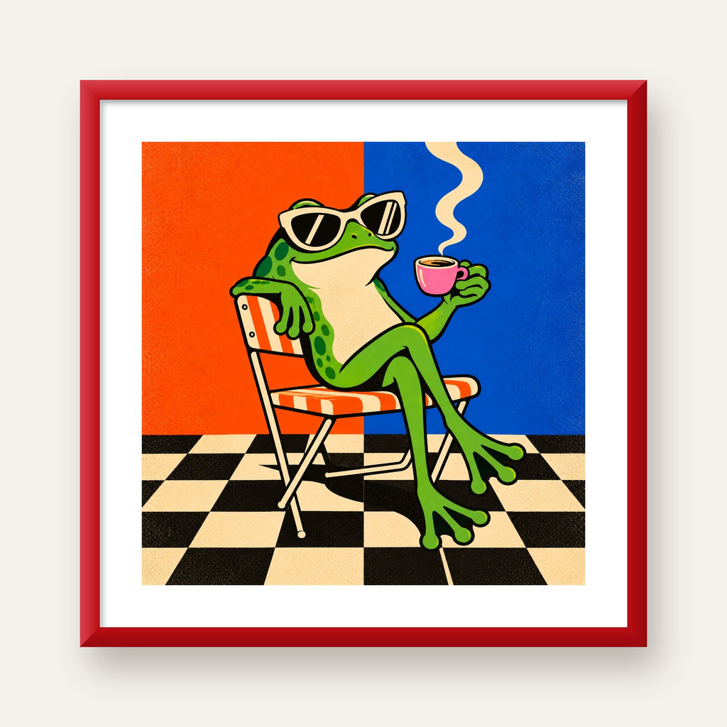 Kahve İçen Kurbağa Poster – Pop-Art Retro Stil Sanat Baskısı — kırmızı çerçeveli paspartulu