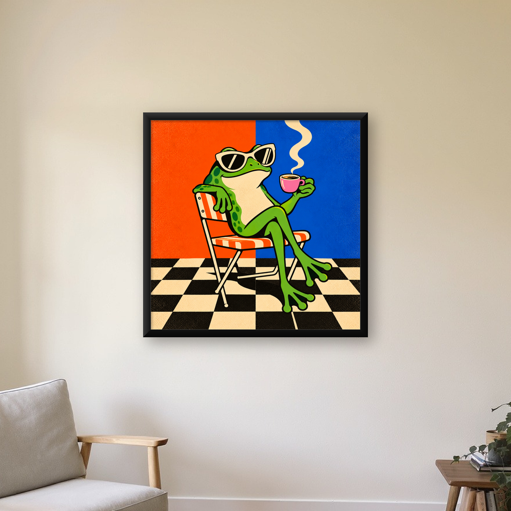Kahve İçen Kurbağa Poster – Pop-Art Retro Stil Sanat Baskısı — Kare baskı, çerçeveli hâliyle bir ev duvarında