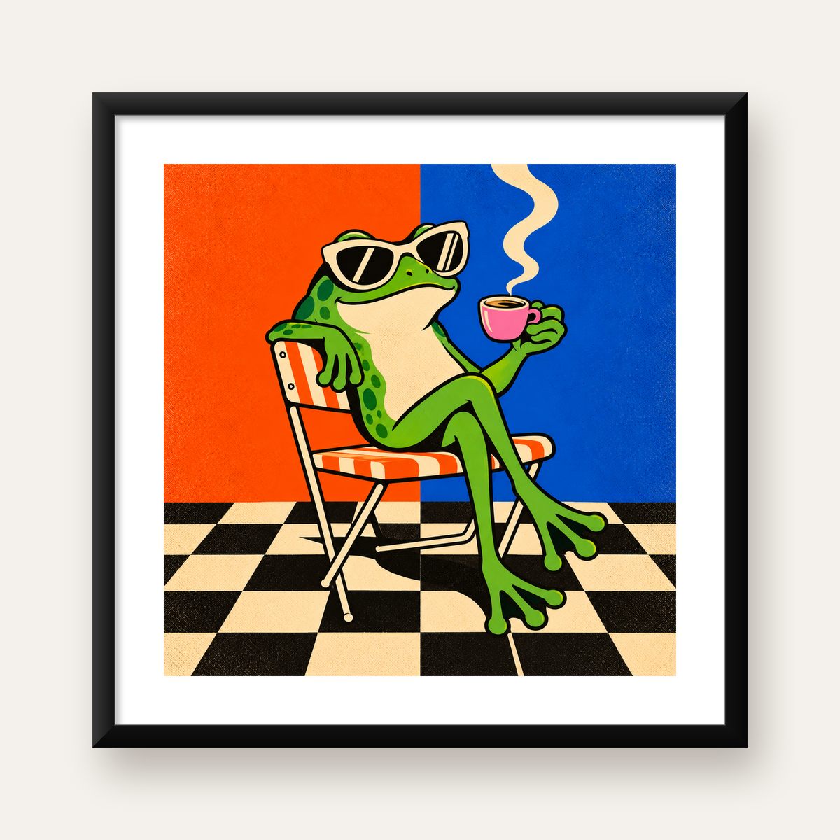 Kahve İçen Kurbağa Poster – Pop-Art Retro Stil Sanat Baskısı — Kare baskı, beyaz paspartulu