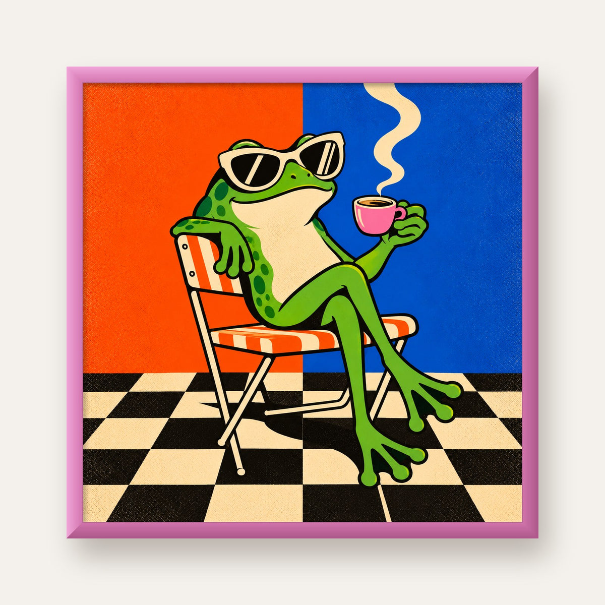Kahve İçen Kurbağa Poster – Pop-Art Retro Stil Sanat Baskısı — pembe çerçeveli