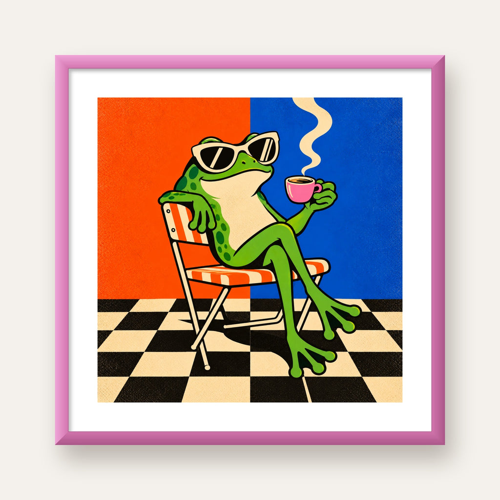 Kahve İçen Kurbağa Poster – Pop-Art Retro Stil Sanat Baskısı — pembe çerçeveli paspartulu