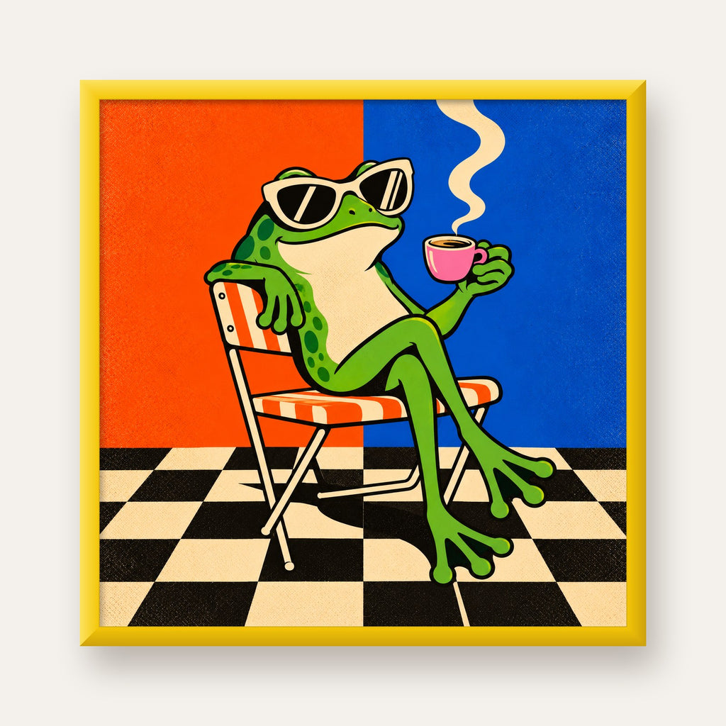 Kahve İçen Kurbağa Poster – Pop-Art Retro Stil Sanat Baskısı — sarı çerçeveli