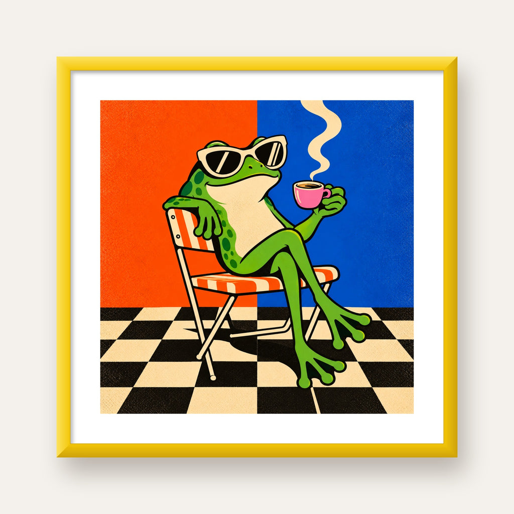 Kahve İçen Kurbağa Poster – Pop-Art Retro Stil Sanat Baskısı — sarı çerçeveli paspartulu