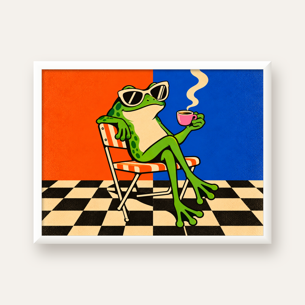 Kahve İçen Kurbağa Poster – Pop-Art Retro Stil Sanat Baskısı — beyaz çerçeveli yatay poster