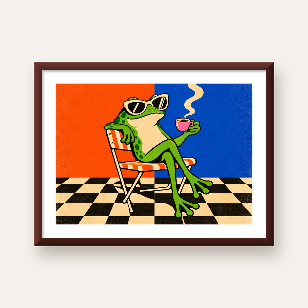 Kahve İçen Kurbağa Poster – Pop-Art Retro Stil Sanat Baskısı — ceviz çerçeveli paspartulu
