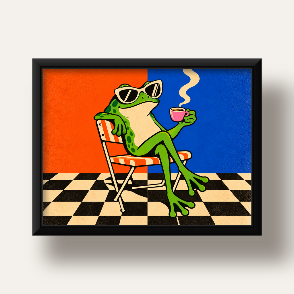 Kahve İçen Kurbağa Poster – Pop-Art Retro Stil Sanat Baskısı — siyah derin çerçeveli