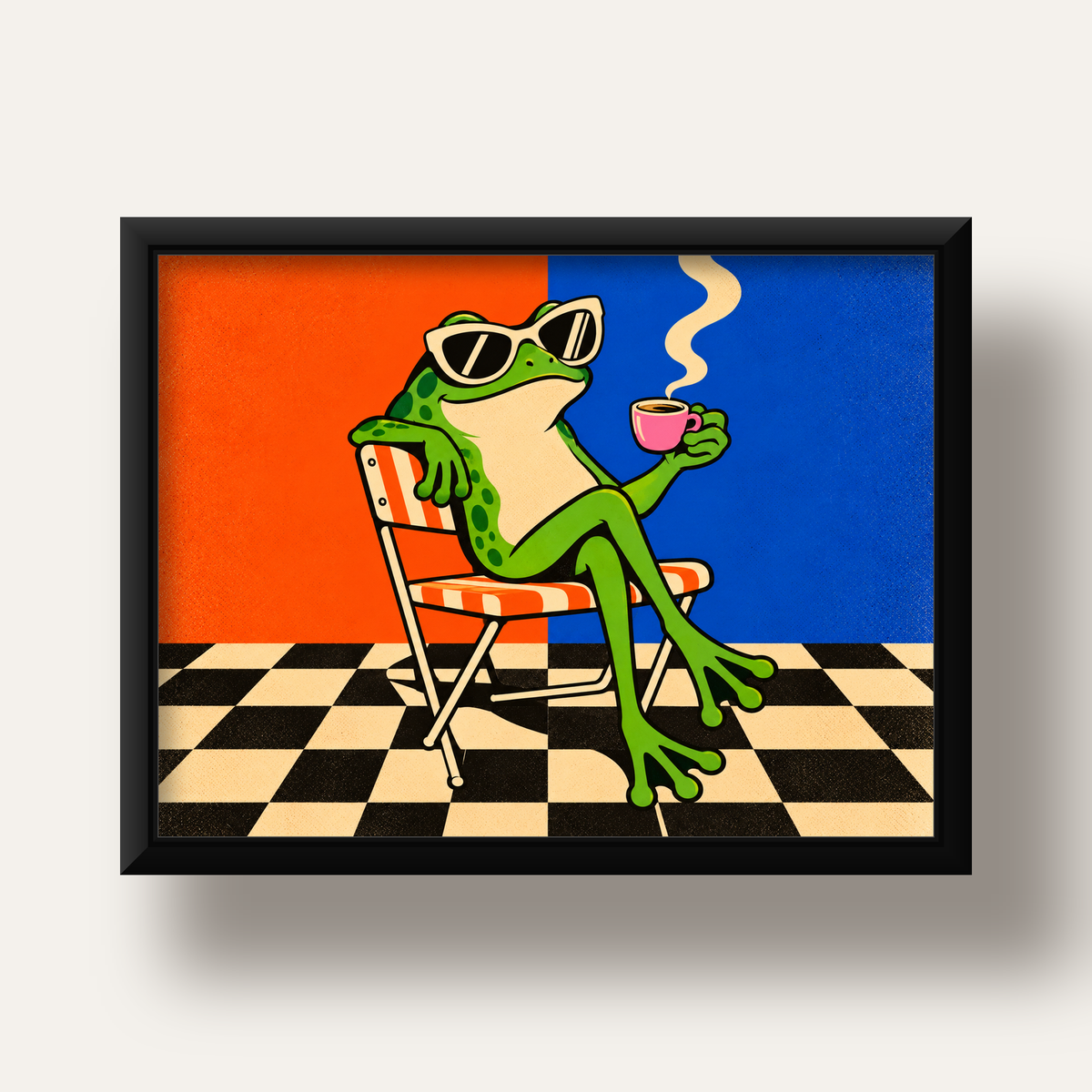 Kahve İçen Kurbağa Poster – Pop-Art Retro Stil Sanat Baskısı — siyah derin çerçeveli