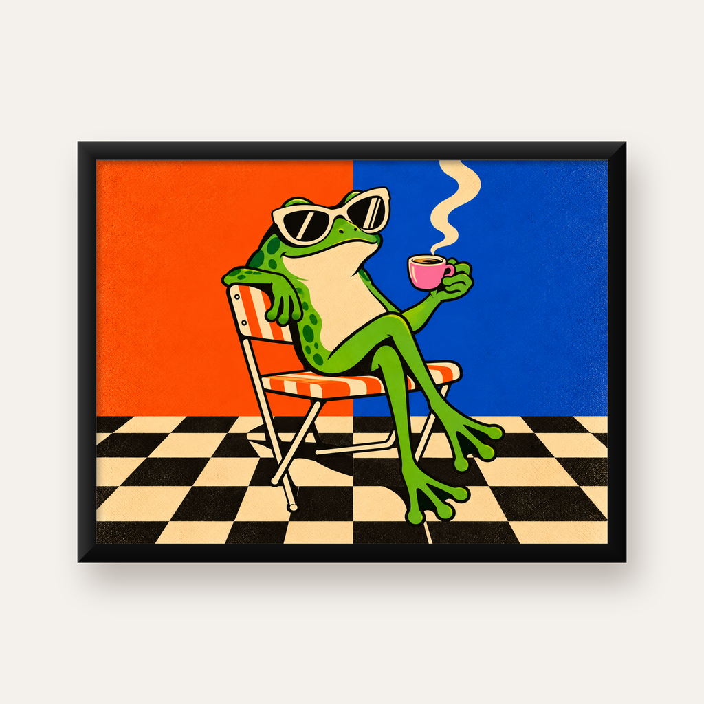 Kahve İçen Kurbağa Poster – Pop-Art Retro Stil Sanat Baskısı — Yatay baskı, düz siyah çerçeveli duvar posteri