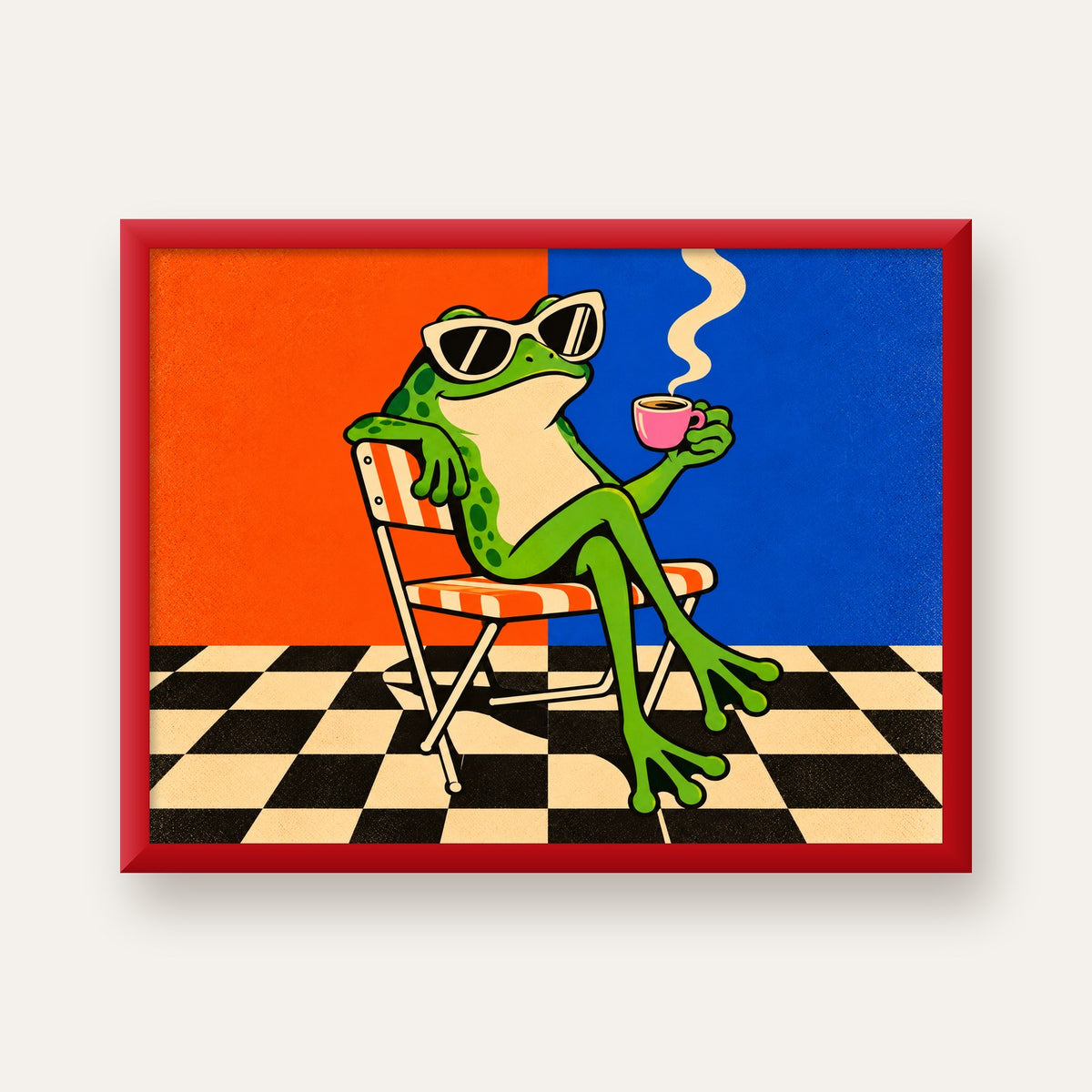 Kahve İçen Kurbağa Poster – Pop-Art Retro Stil Sanat Baskısı — kırmızı çerçeveli
