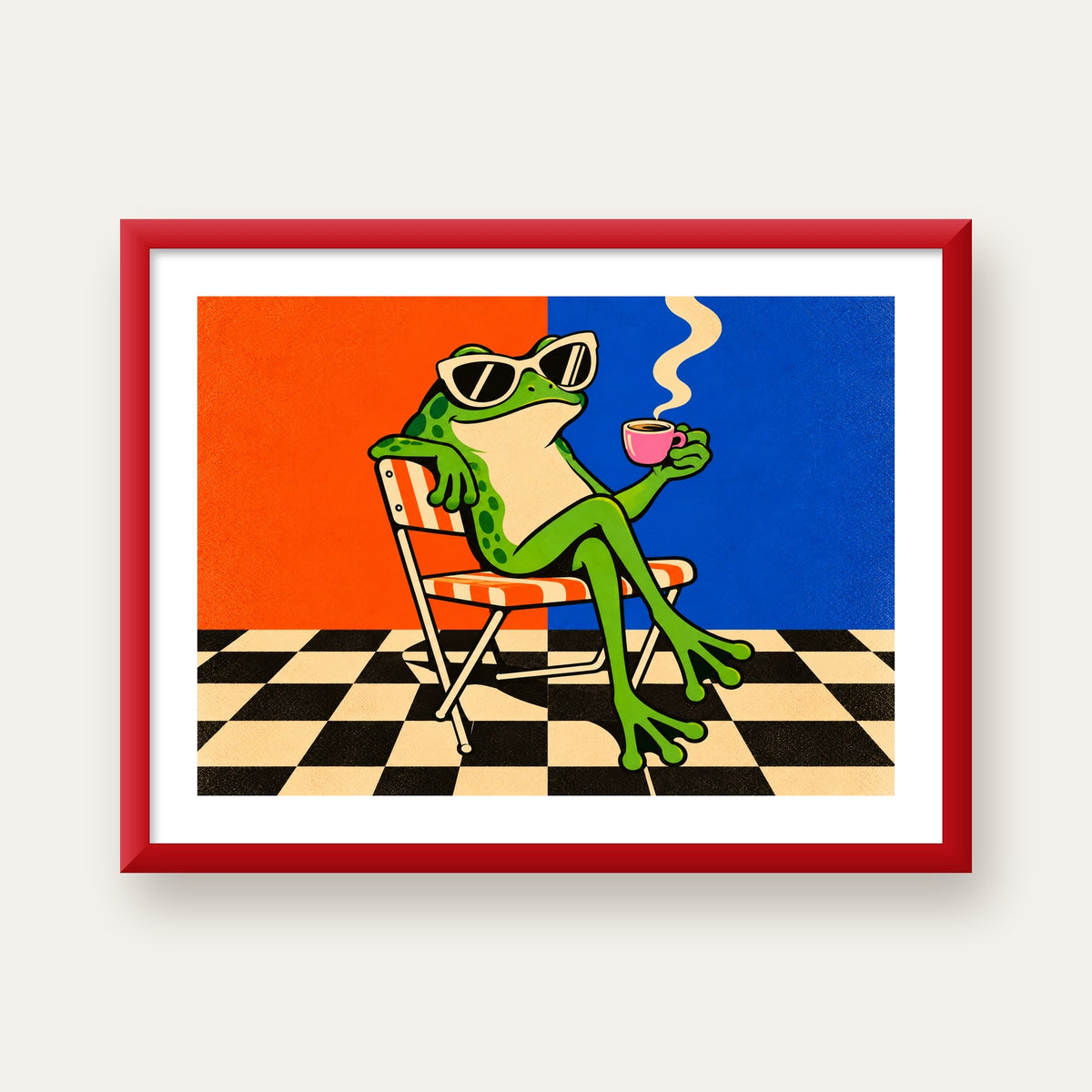 Kahve İçen Kurbağa Poster – Pop-Art Retro Stil Sanat Baskısı — kırmızı çerçeveli paspartulu