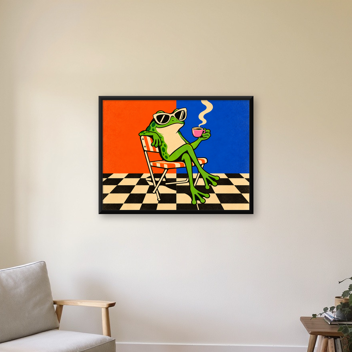 Kahve İçen Kurbağa Poster – Pop-Art Retro Stil Sanat Baskısı — Yatay baskı, çerçeveli hâliyle bir ev duvarında