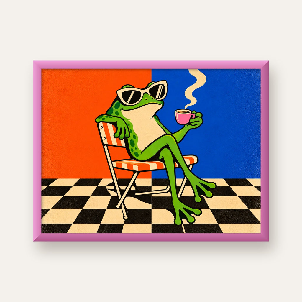 Kahve İçen Kurbağa Poster – Pop-Art Retro Stil Sanat Baskısı — pembe çerçeveli
