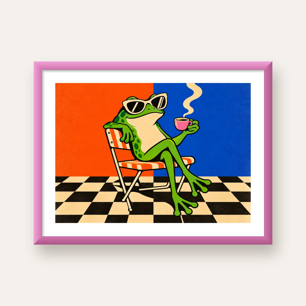 Kahve İçen Kurbağa Poster – Pop-Art Retro Stil Sanat Baskısı — pembe çerçeveli paspartulu