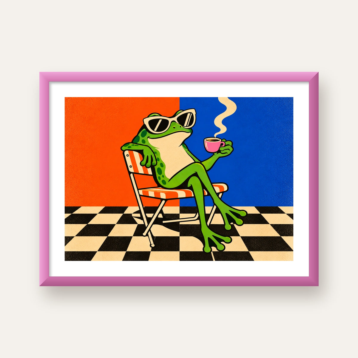 Kahve İçen Kurbağa Poster – Pop-Art Retro Stil Sanat Baskısı — pembe çerçeveli paspartulu