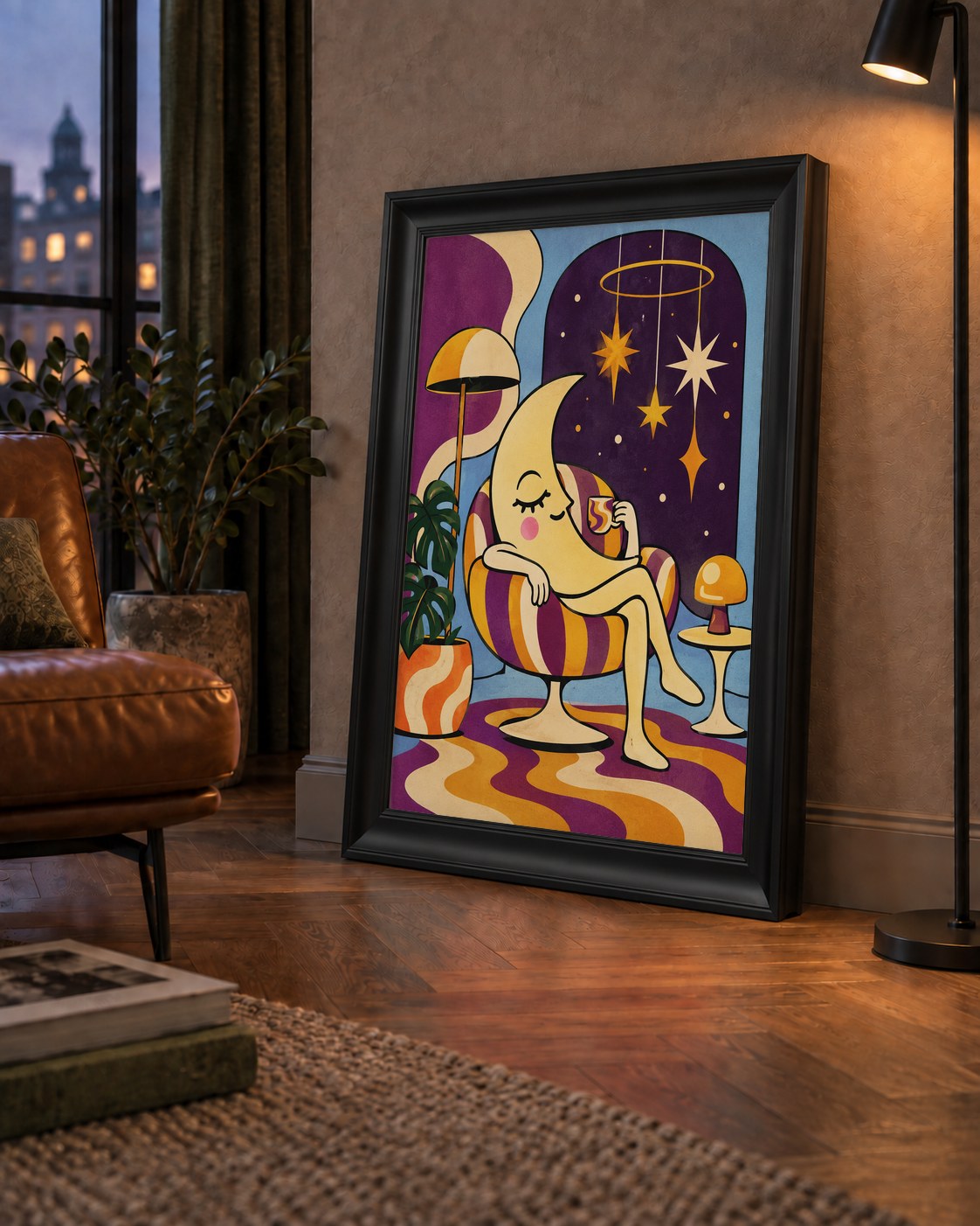 Retro Ay Karakterli Oda Poster – Renkli Çizgi Film Dijital Sanat — çerçeveli hâliyle bir ev duvarında