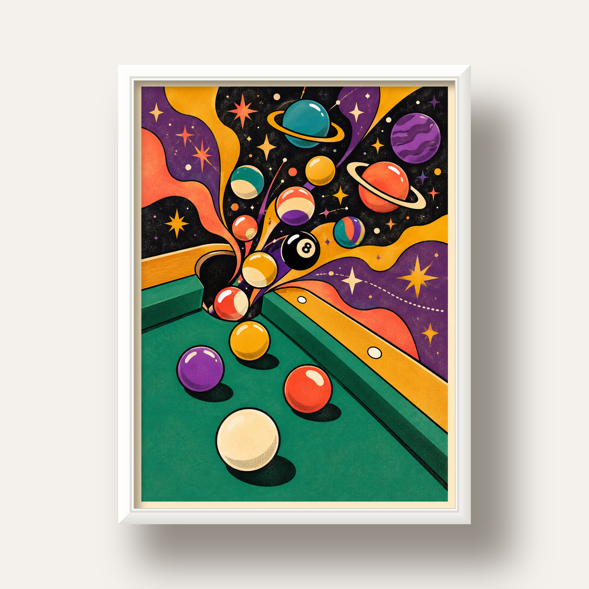 Bilardo ve Uzay Temalı Retro Poster – Canlı Çizgi Roman İllüstrasyonu — beyaz derin çerçeveli