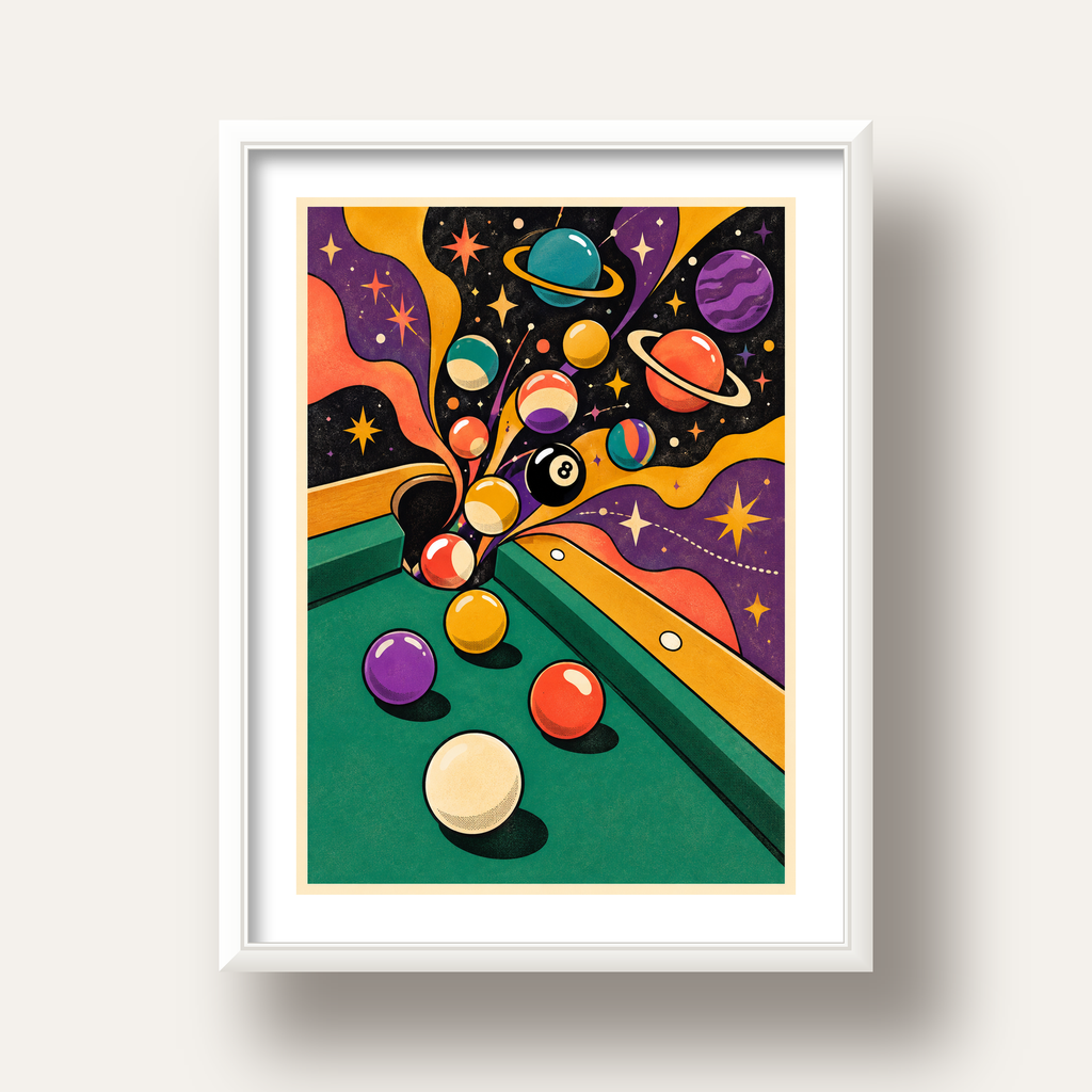 Bilardo ve Uzay Temalı Retro Poster – Canlı Çizgi Roman İllüstrasyonu — beyaz derin çerçeveli paspartulu