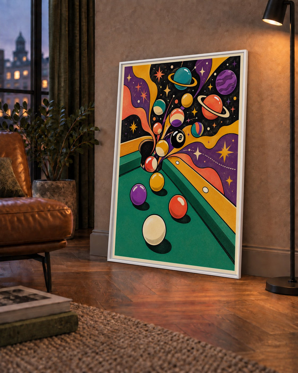 Bilardo ve Uzay Temalı Retro Poster – Canlı Çizgi Roman İllüstrasyonu — çerçeveli hâliyle bir ev duvarında