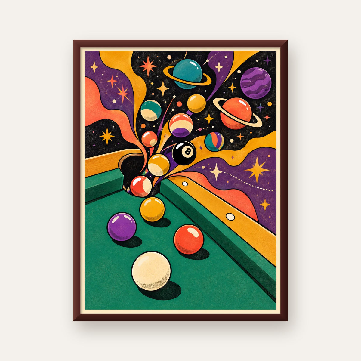 Bilardo ve Uzay Temalı Retro Poster – Canlı Çizgi Roman İllüstrasyonu — ceviz çerçeveli