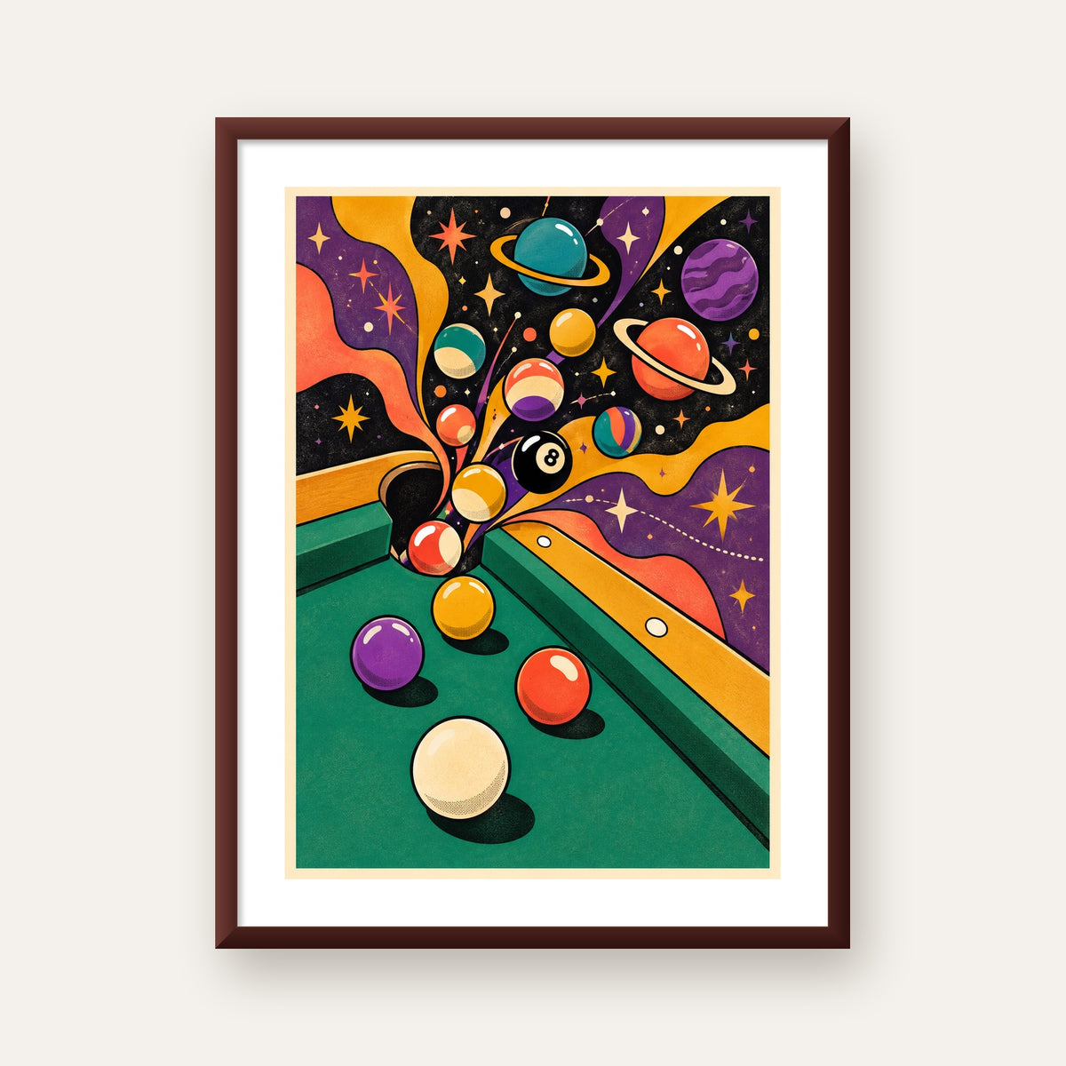 Bilardo ve Uzay Temalı Retro Poster – Canlı Çizgi Roman İllüstrasyonu — ceviz çerçeveli paspartulu