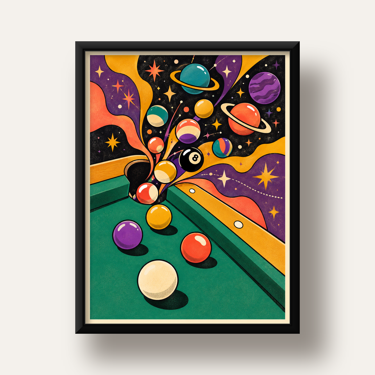 Bilardo ve Uzay Temalı Retro Poster – Canlı Çizgi Roman İllüstrasyonu — siyah derin çerçeveli