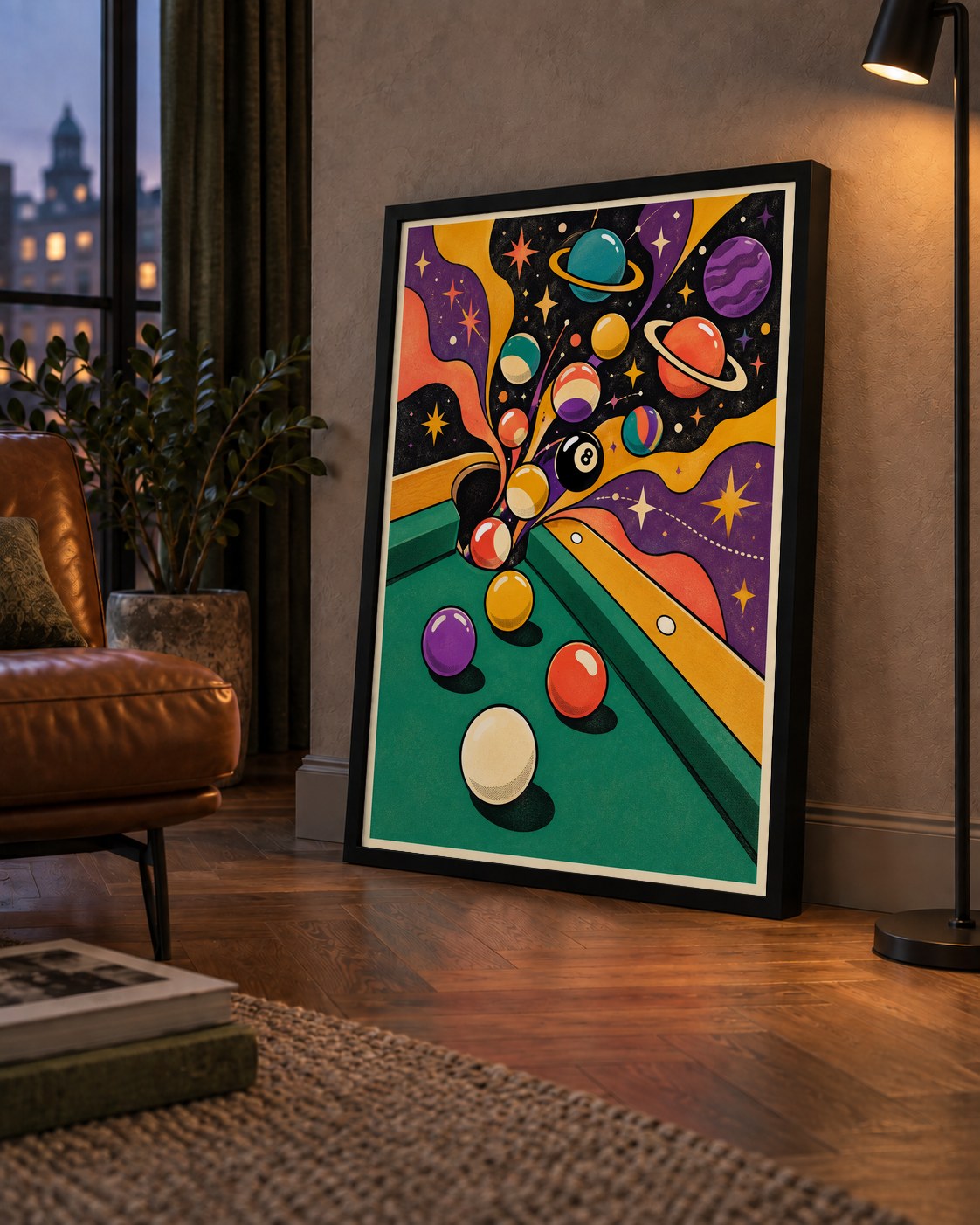 Bilardo ve Uzay Temalı Retro Poster – Canlı Çizgi Roman İllüstrasyonu — çerçeveli hâliyle bir ev duvarında