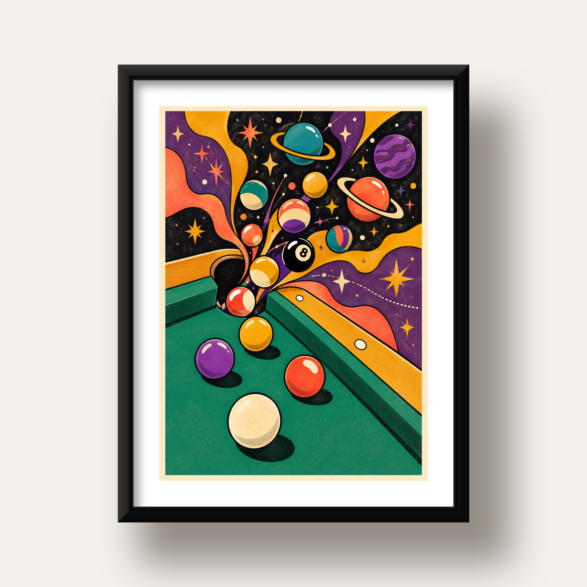 Bilardo ve Uzay Temalı Retro Poster – Canlı Çizgi Roman İllüstrasyonu — siyah derin çerçeveli paspartulu