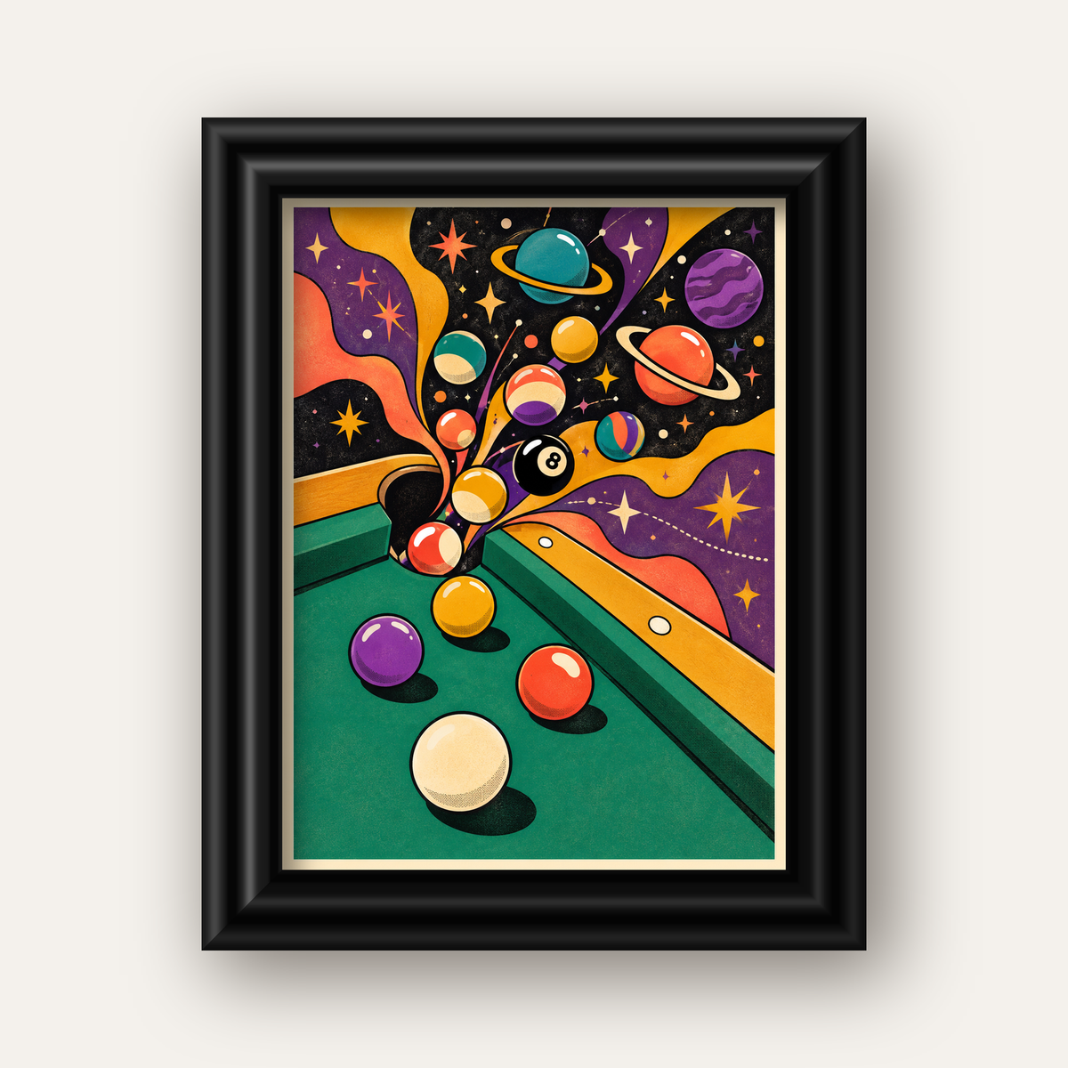 Bilardo ve Uzay Temalı Retro Poster – Canlı Çizgi Roman İllüstrasyonu — siyah galeri çerçeveli