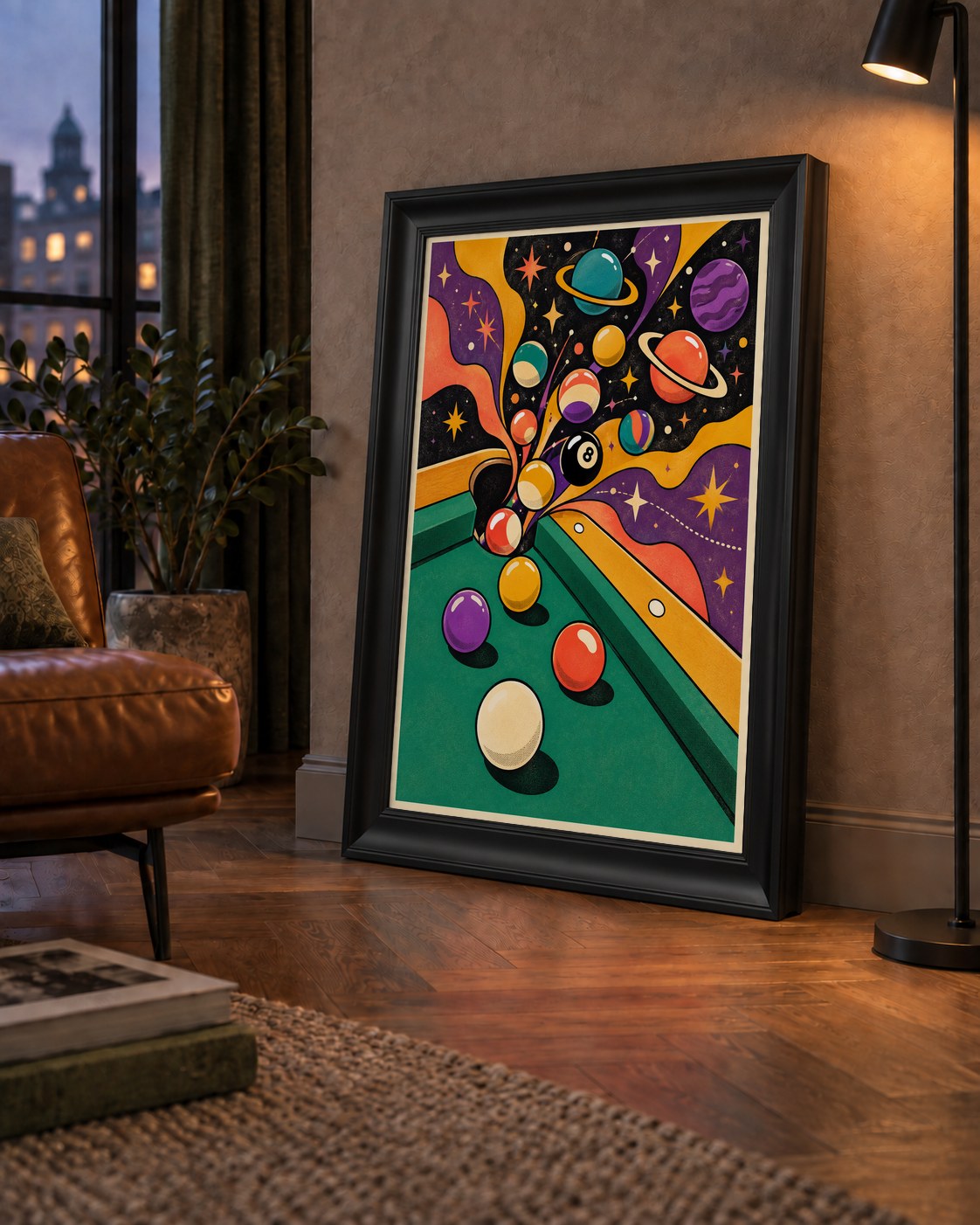 Bilardo ve Uzay Temalı Retro Poster – Canlı Çizgi Roman İllüstrasyonu — çerçeveli hâliyle bir ev duvarında