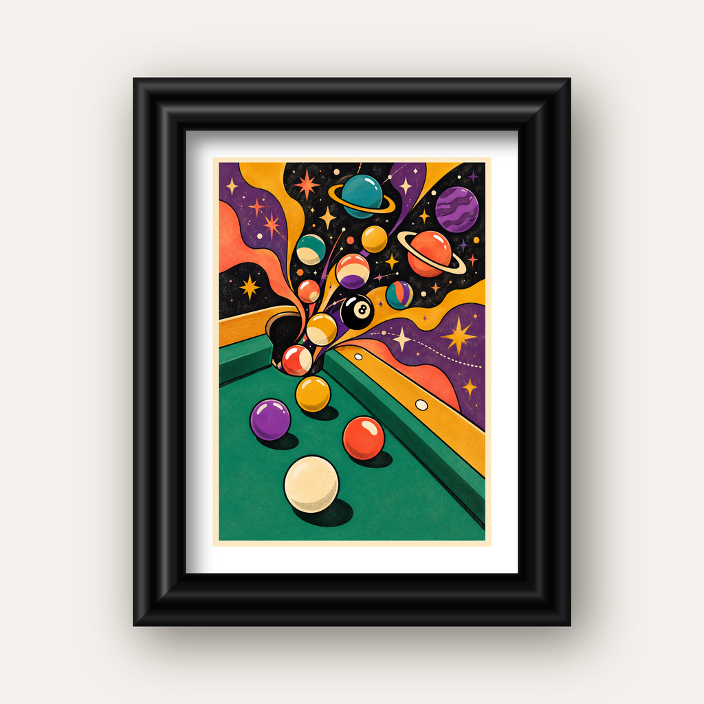 Bilardo ve Uzay Temalı Retro Poster – Canlı Çizgi Roman İllüstrasyonu — siyah galeri çerçeveli paspartulu
