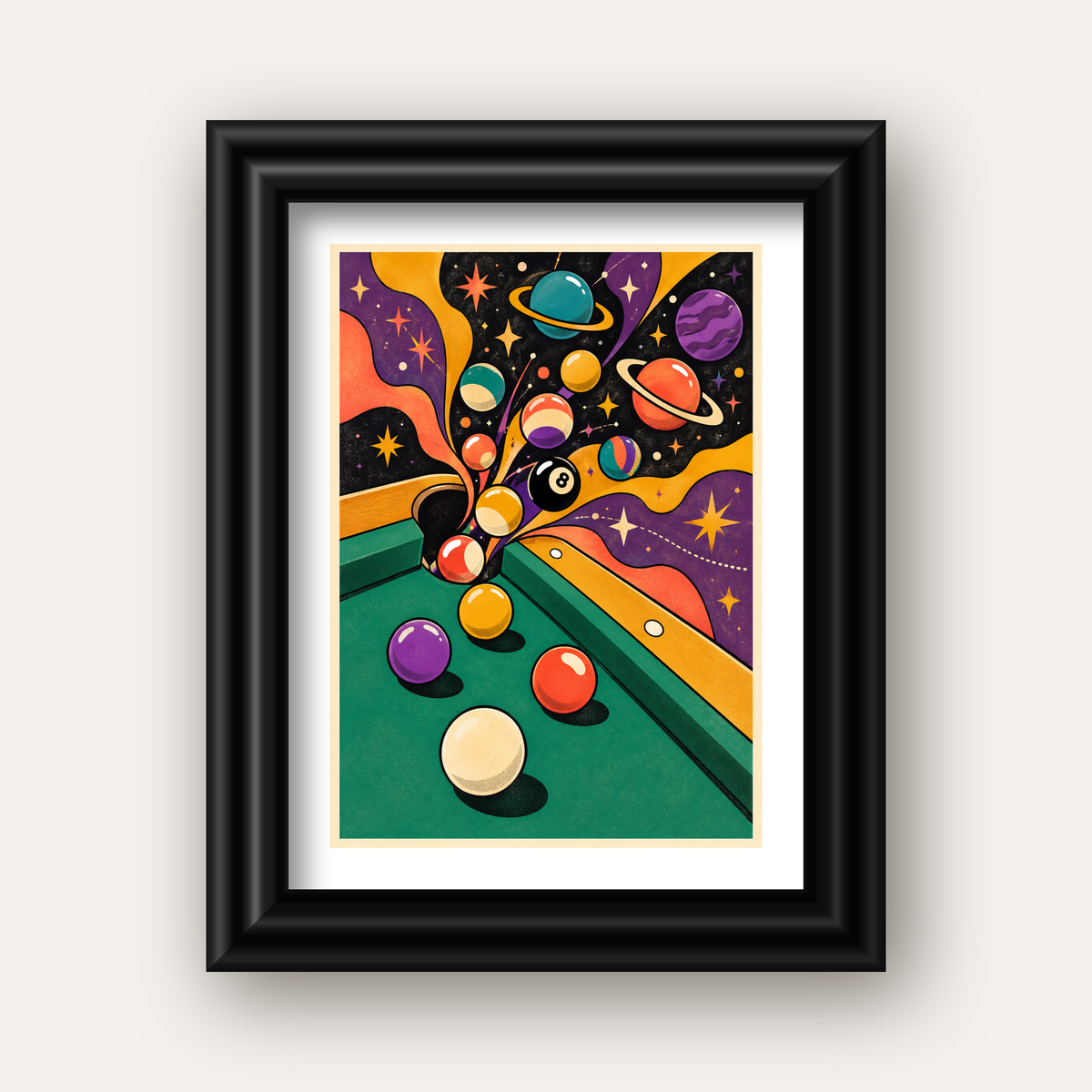Bilardo ve Uzay Temalı Retro Poster – Canlı Çizgi Roman İllüstrasyonu — siyah galeri çerçeveli paspartulu