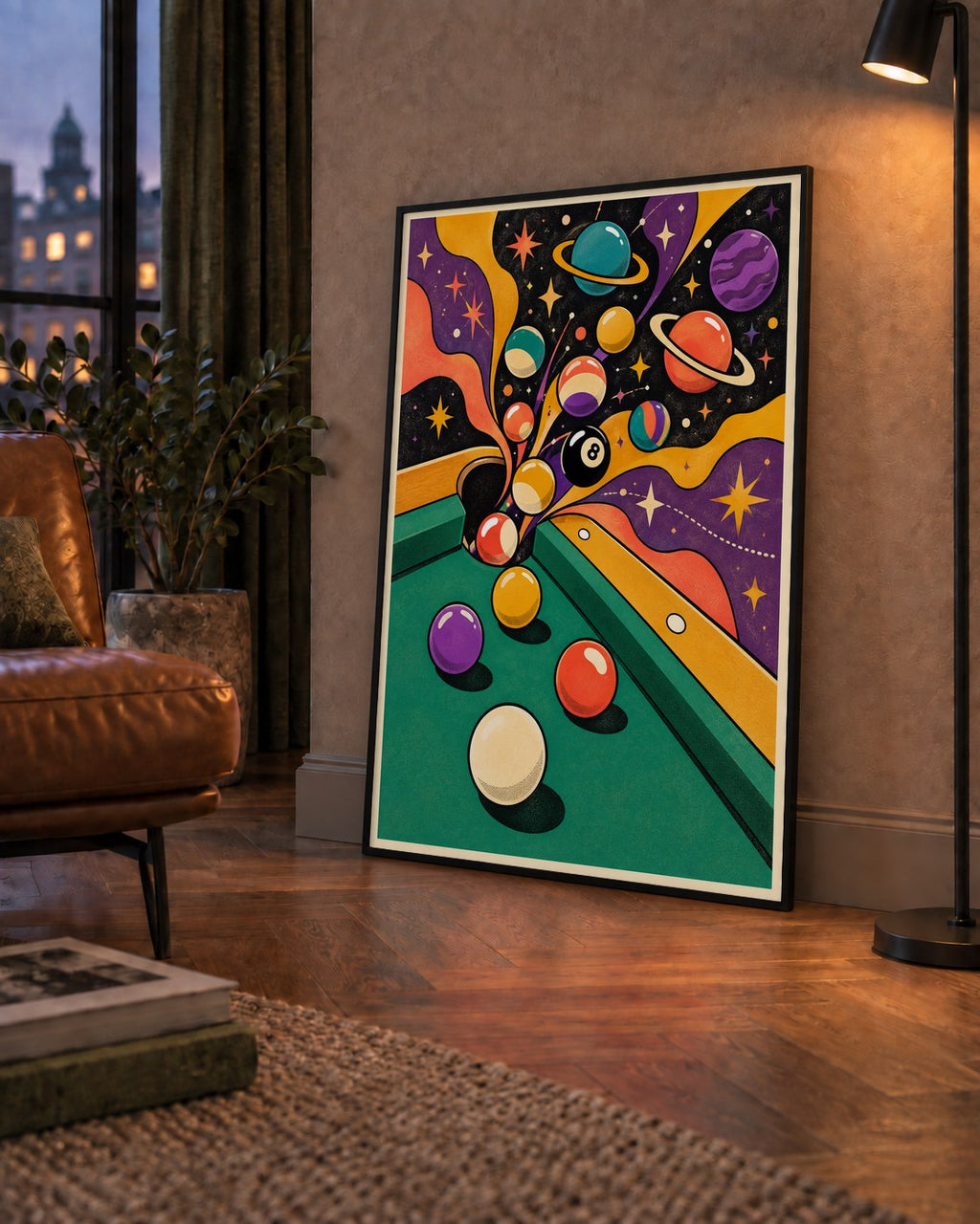 Bilardo ve Uzay Temalı Retro Poster – Canlı Çizgi Roman İllüstrasyonu — çerçeveli hâliyle bir ev duvarında