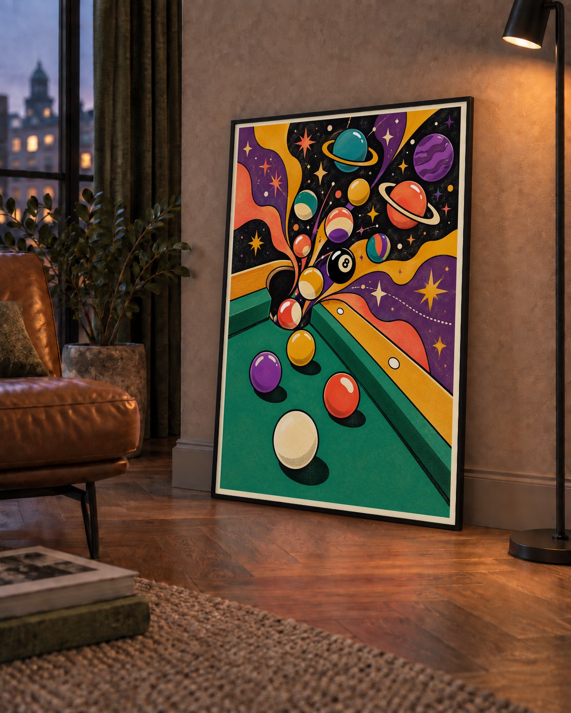 Bilardo ve Uzay Temalı Retro Poster – Canlı Çizgi Roman İllüstrasyonu — çerçeveli hâliyle bir ev duvarında