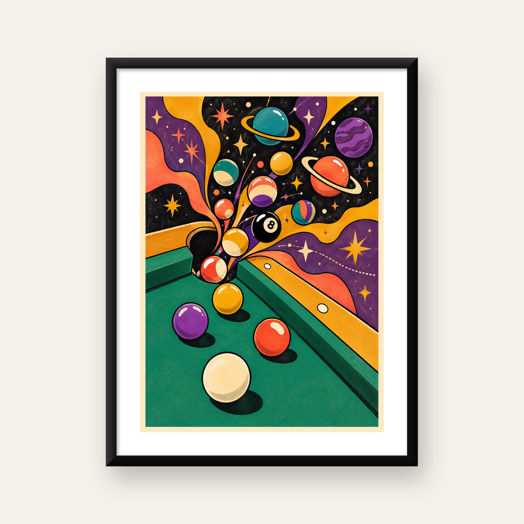 Bilardo ve Uzay Temalı Retro Poster – Canlı Çizgi Roman İllüstrasyonu — Dikey baskı, beyaz paspartulu
