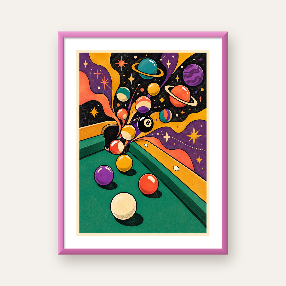 Bilardo ve Uzay Temalı Retro Poster – Canlı Çizgi Roman İllüstrasyonu — pembe çerçeveli paspartulu