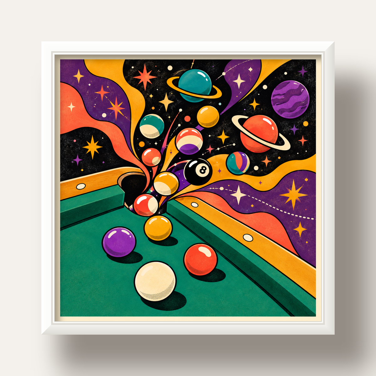 Bilardo ve Uzay Temalı Retro Poster – Canlı Çizgi Roman İllüstrasyonu — beyaz derin çerçeveli