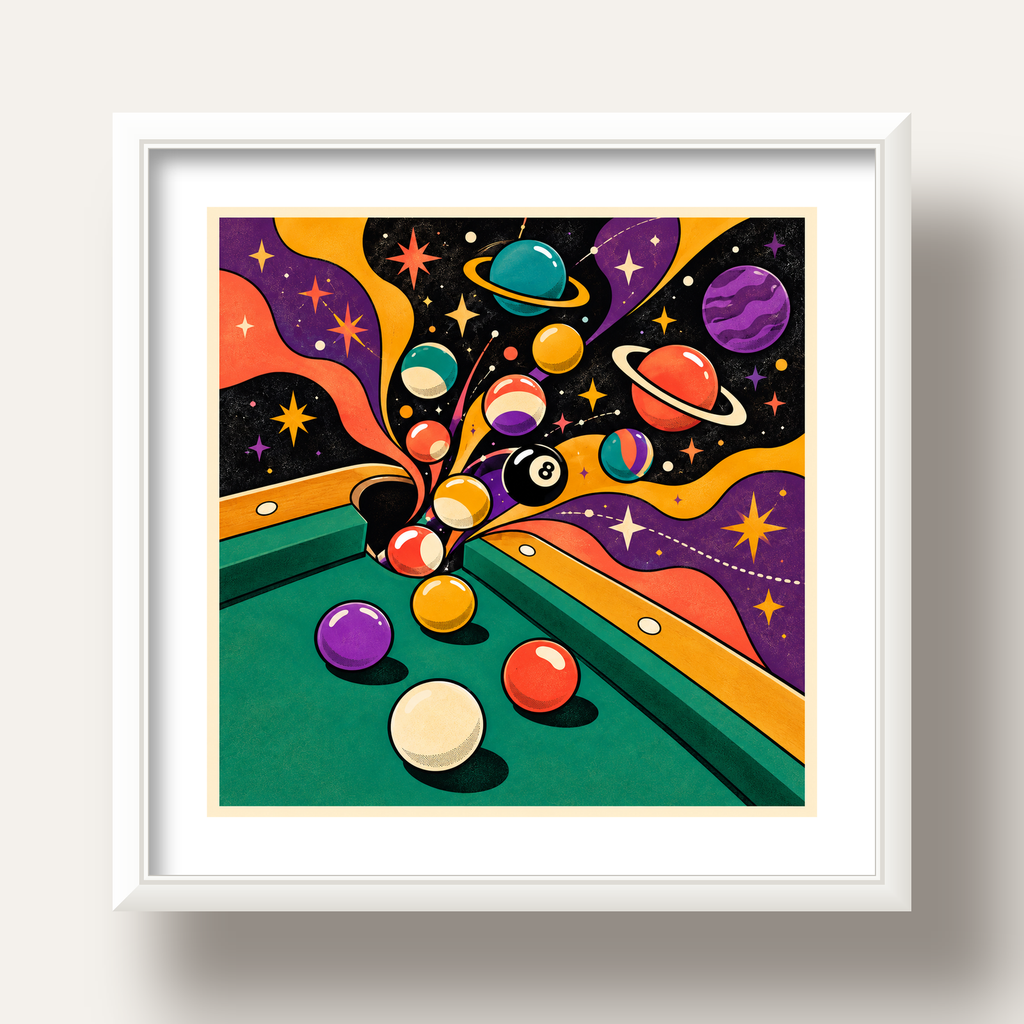 Bilardo ve Uzay Temalı Retro Poster – Canlı Çizgi Roman İllüstrasyonu — beyaz derin çerçeveli paspartulu