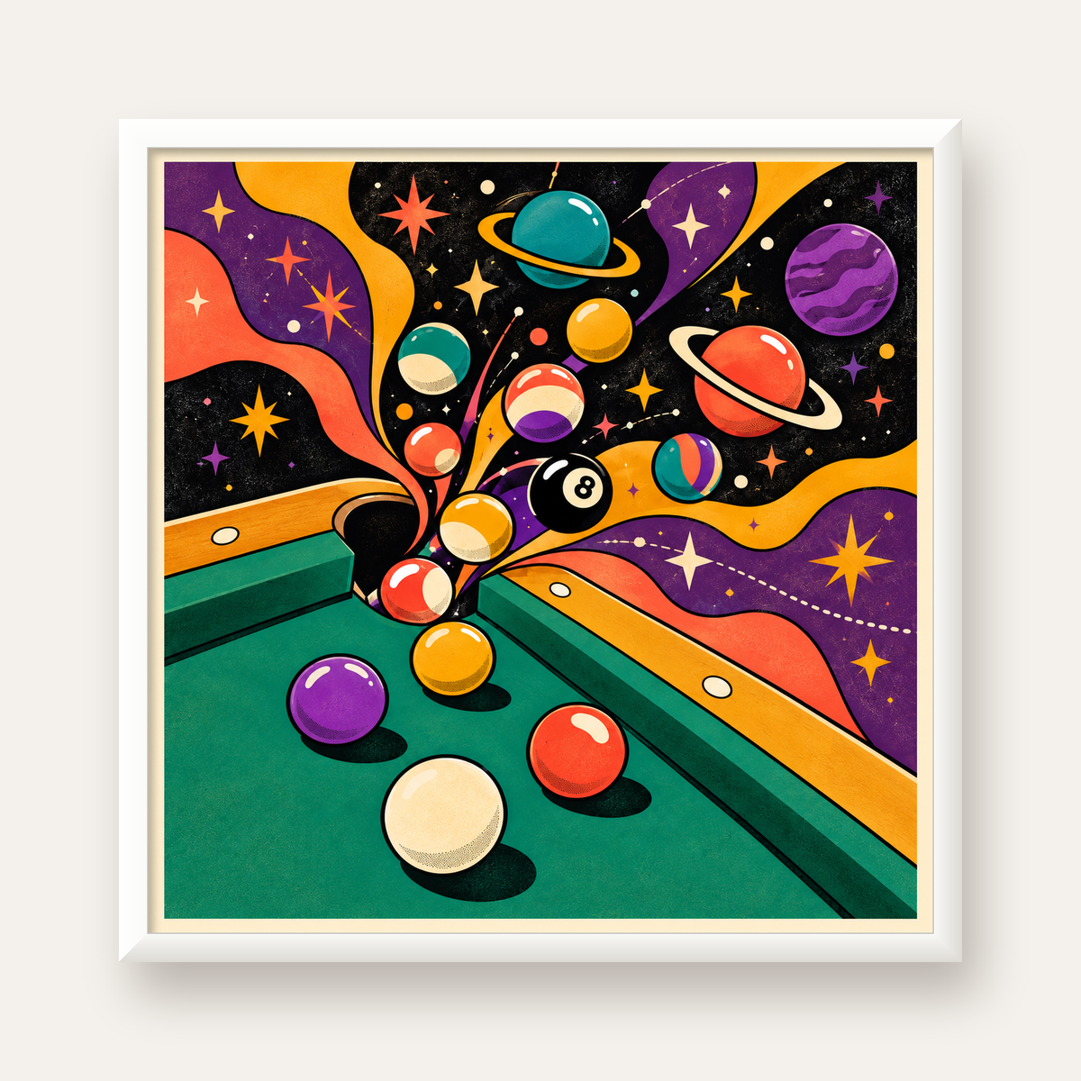 Bilardo ve Uzay Temalı Retro Poster – Canlı Çizgi Roman İllüstrasyonu — beyaz çerçeveli kare poster