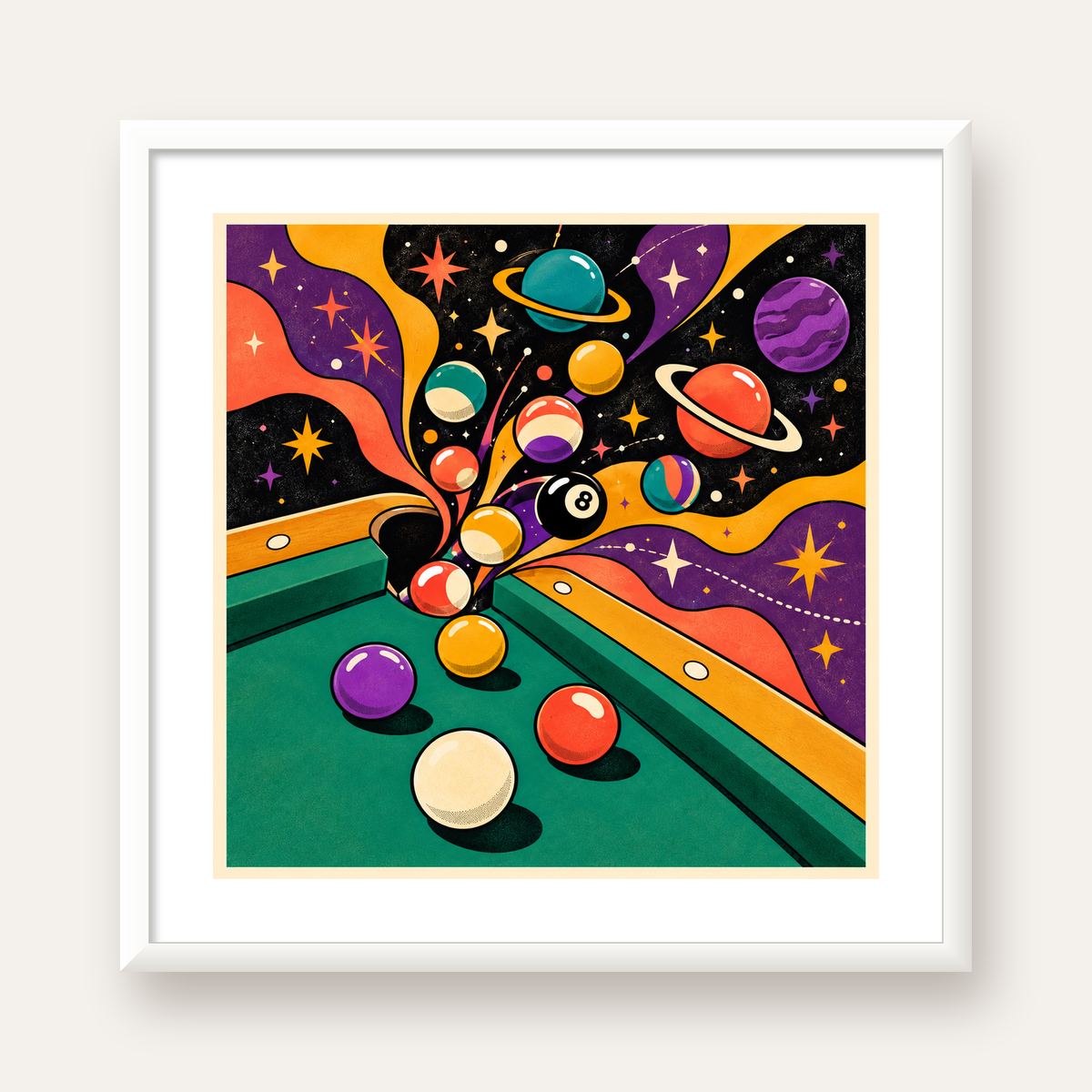 Bilardo ve Uzay Temalı Retro Poster – Canlı Çizgi Roman İllüstrasyonu — beyaz çerçeveli kare poster