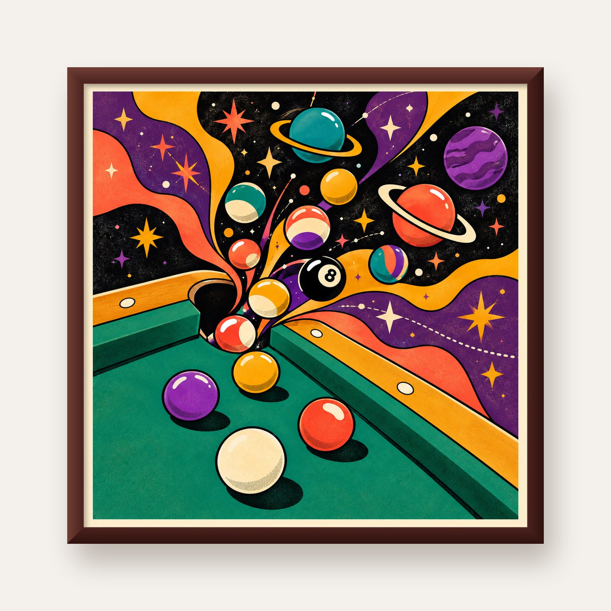 Bilardo ve Uzay Temalı Retro Poster – Canlı Çizgi Roman İllüstrasyonu — ceviz çerçeveli