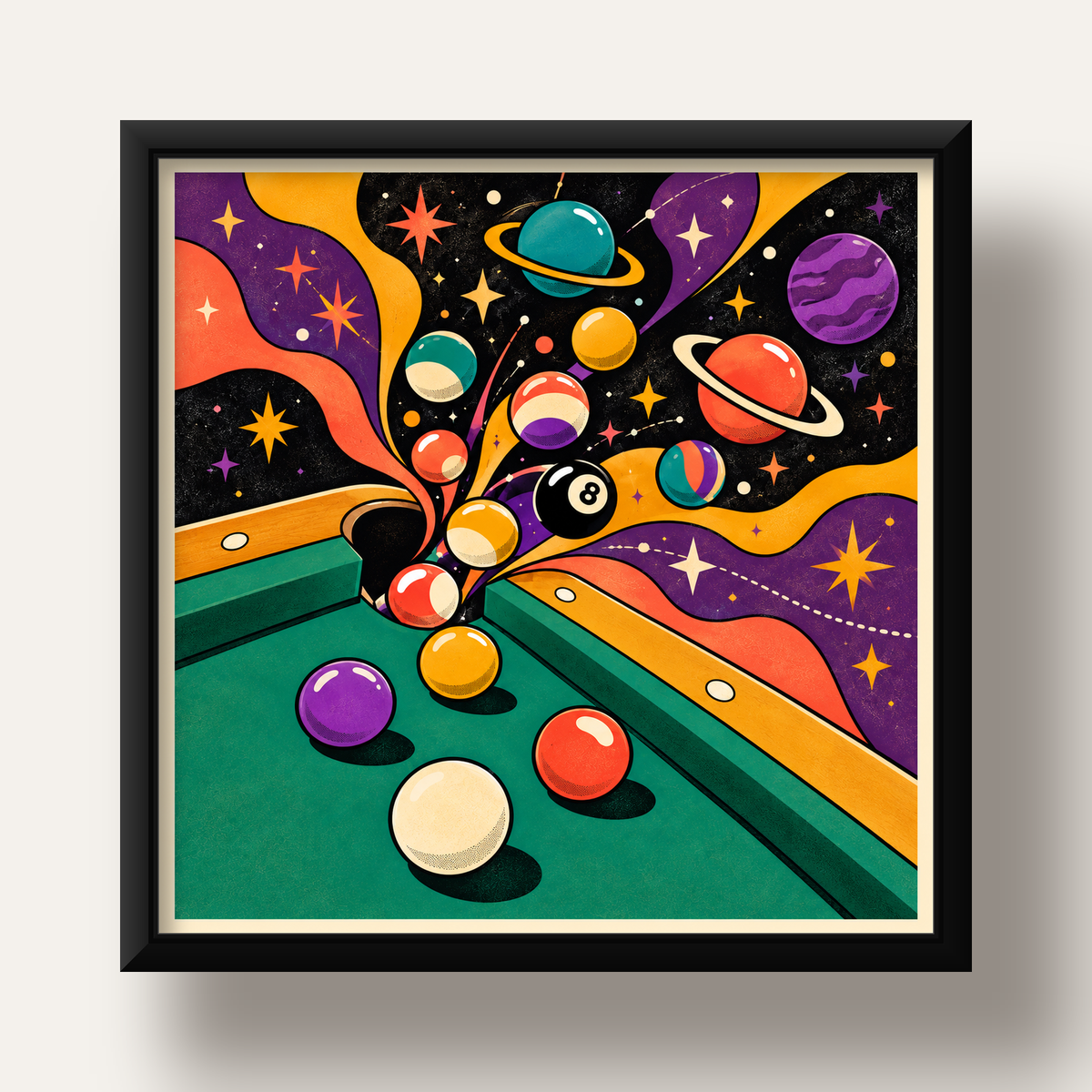 Bilardo ve Uzay Temalı Retro Poster – Canlı Çizgi Roman İllüstrasyonu — siyah derin çerçeveli