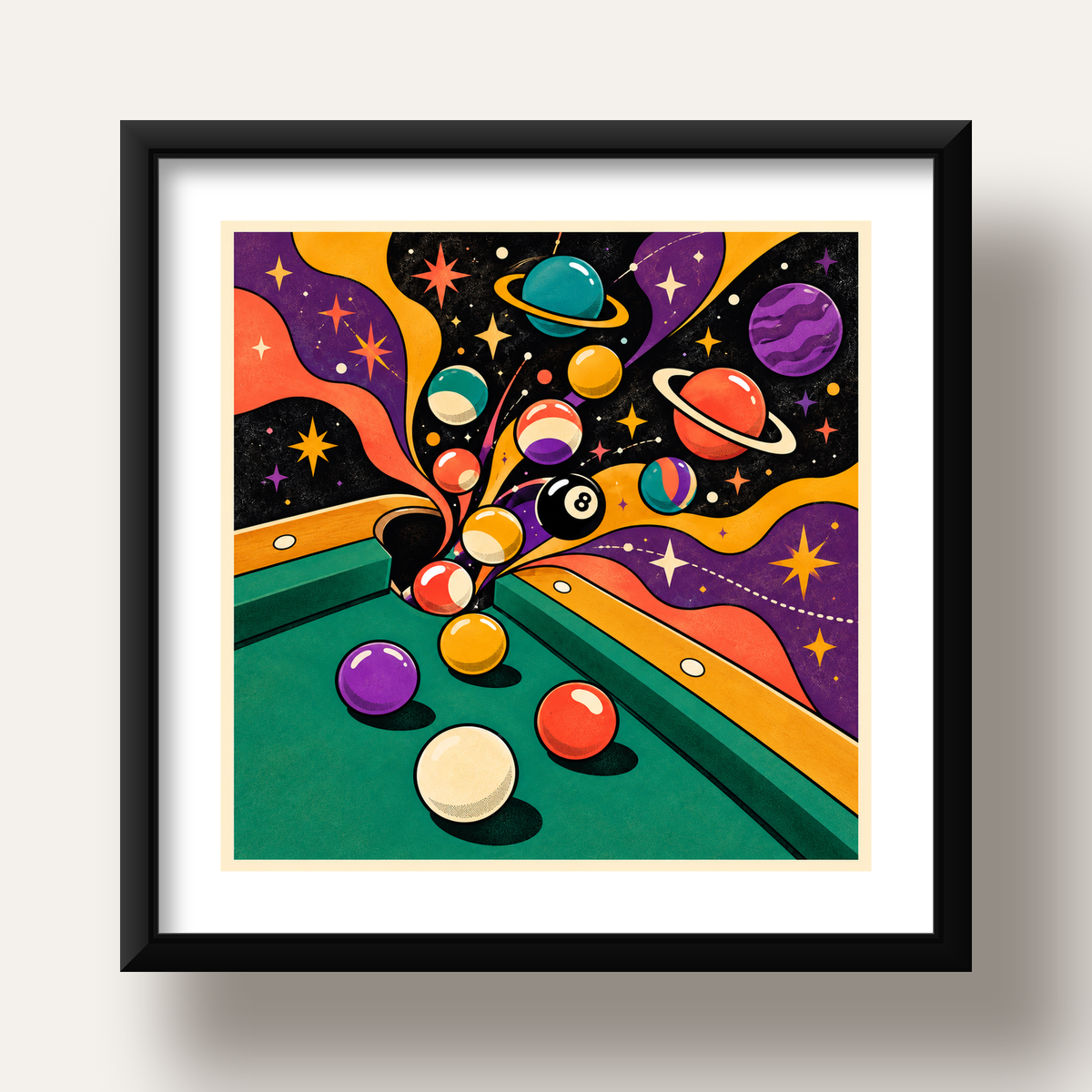 Bilardo ve Uzay Temalı Retro Poster – Canlı Çizgi Roman İllüstrasyonu — siyah derin çerçeveli paspartulu