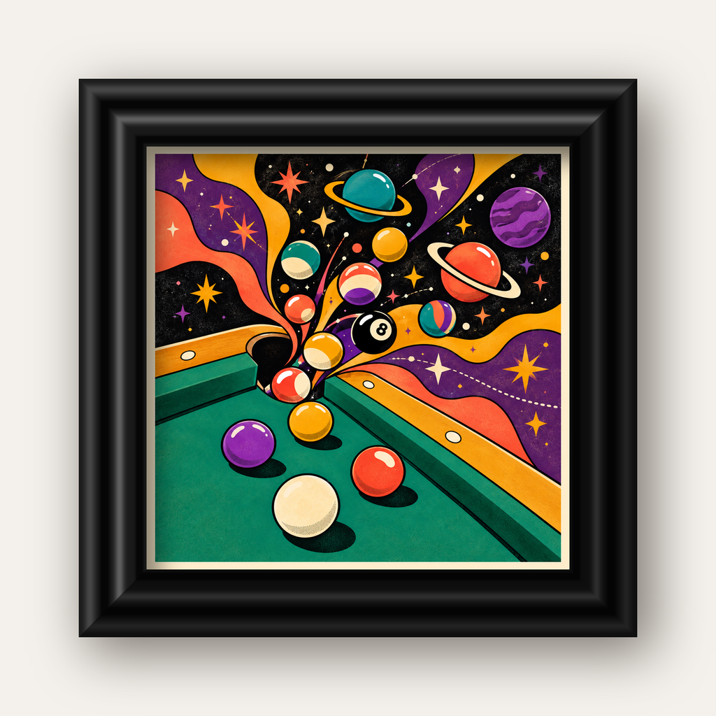 Bilardo ve Uzay Temalı Retro Poster – Canlı Çizgi Roman İllüstrasyonu — siyah galeri çerçeveli