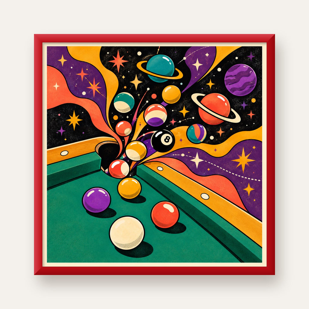 Bilardo ve Uzay Temalı Retro Poster – Canlı Çizgi Roman İllüstrasyonu — kırmızı çerçeveli