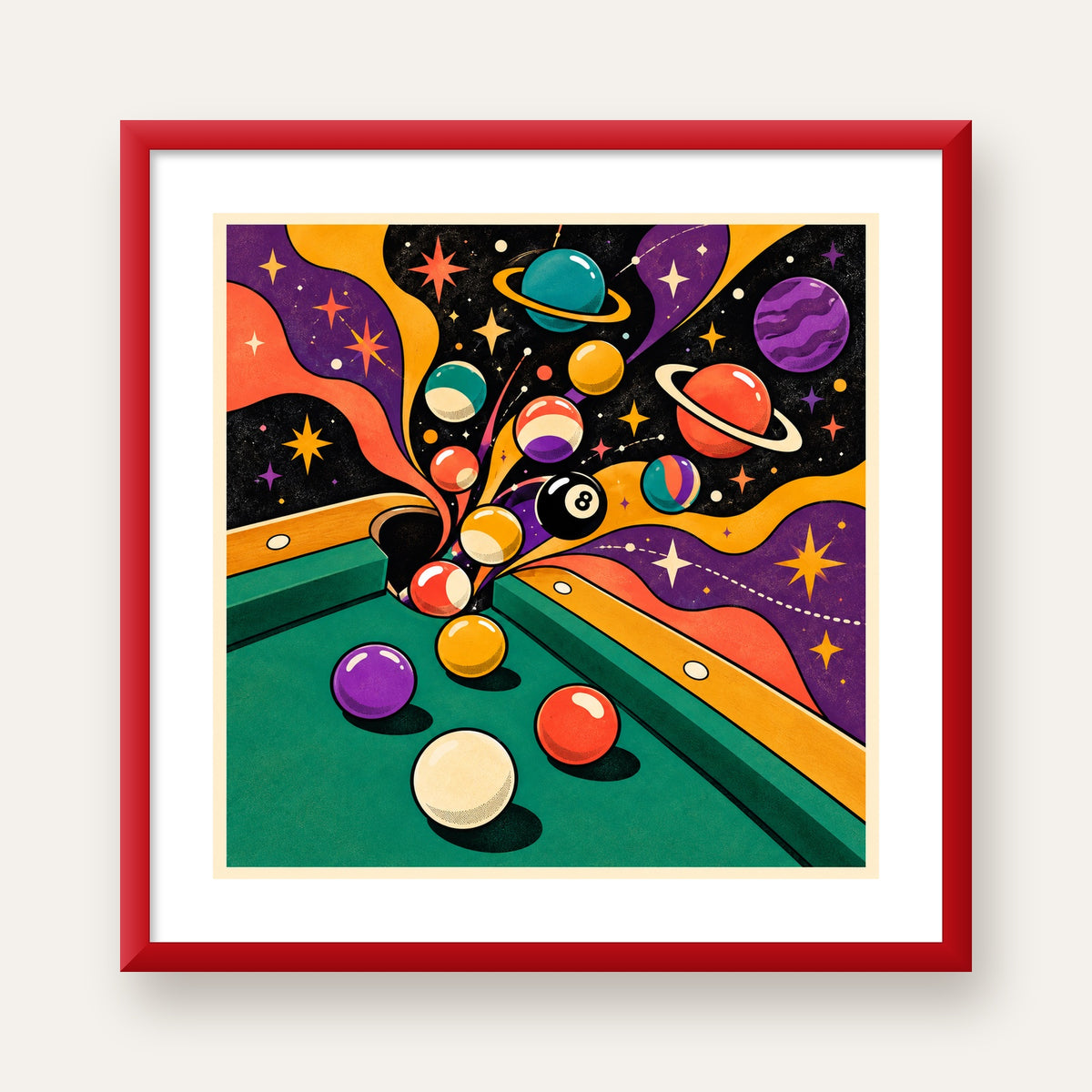 Bilardo ve Uzay Temalı Retro Poster – Canlı Çizgi Roman İllüstrasyonu — kırmızı çerçeveli paspartulu
