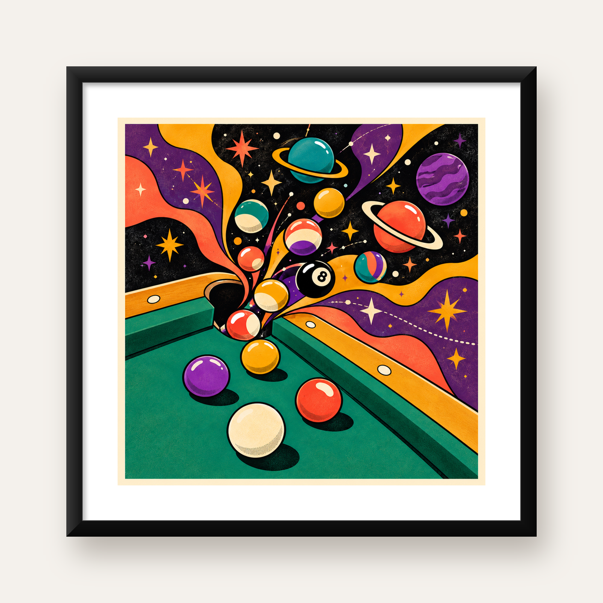 Bilardo ve Uzay Temalı Retro Poster – Canlı Çizgi Roman İllüstrasyonu — Kare baskı, beyaz paspartulu